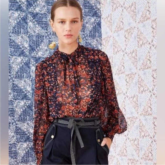 Ulla Johnson Silk Floral Long Sleeve Metallic Edith Blouse Size 2 Small Navy Top - Picture 16 of 16